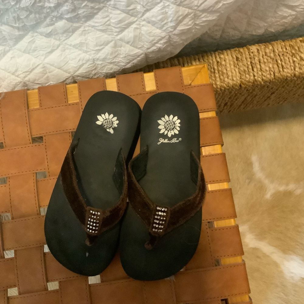 Brown Flip Flops with Rhinestone Detail